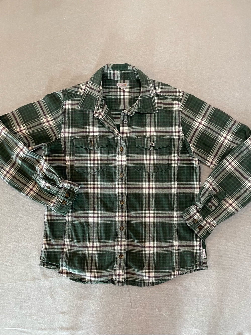 Boy’s Carhartt Green, White & White Flannel Button Down Long Sleeve Shirt Medium